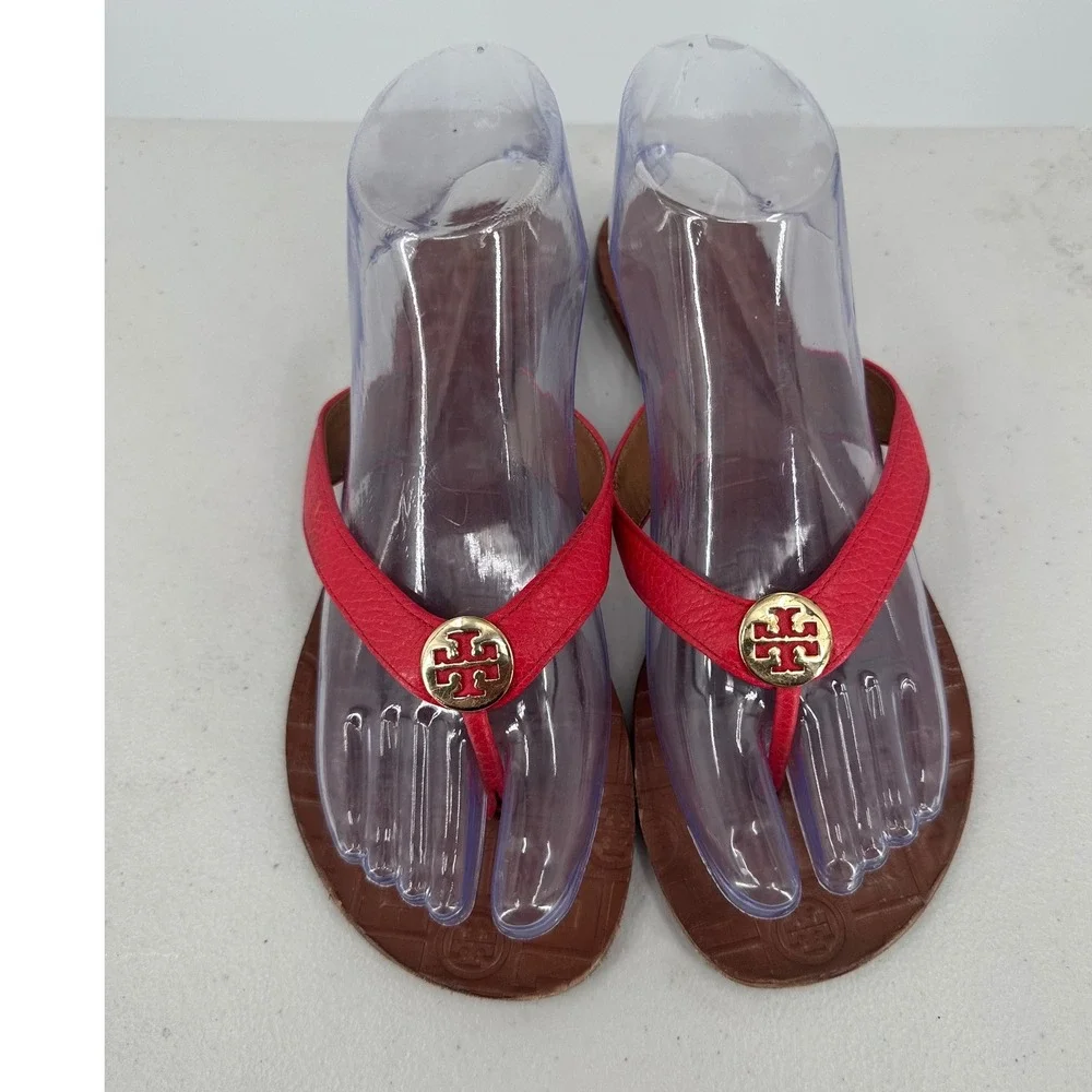 Tory Burch Thora Red Leather Logo Thong Flip Flop Sandals Women's 8M 35055